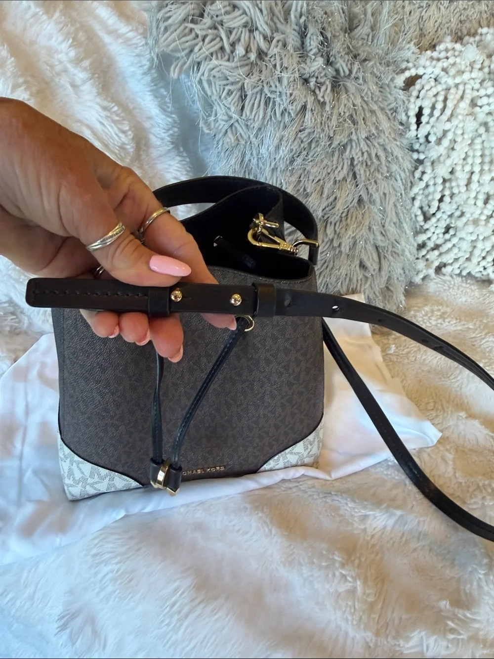 Michael Kors Brown and Cream Signature Drawstring Bucket Tote